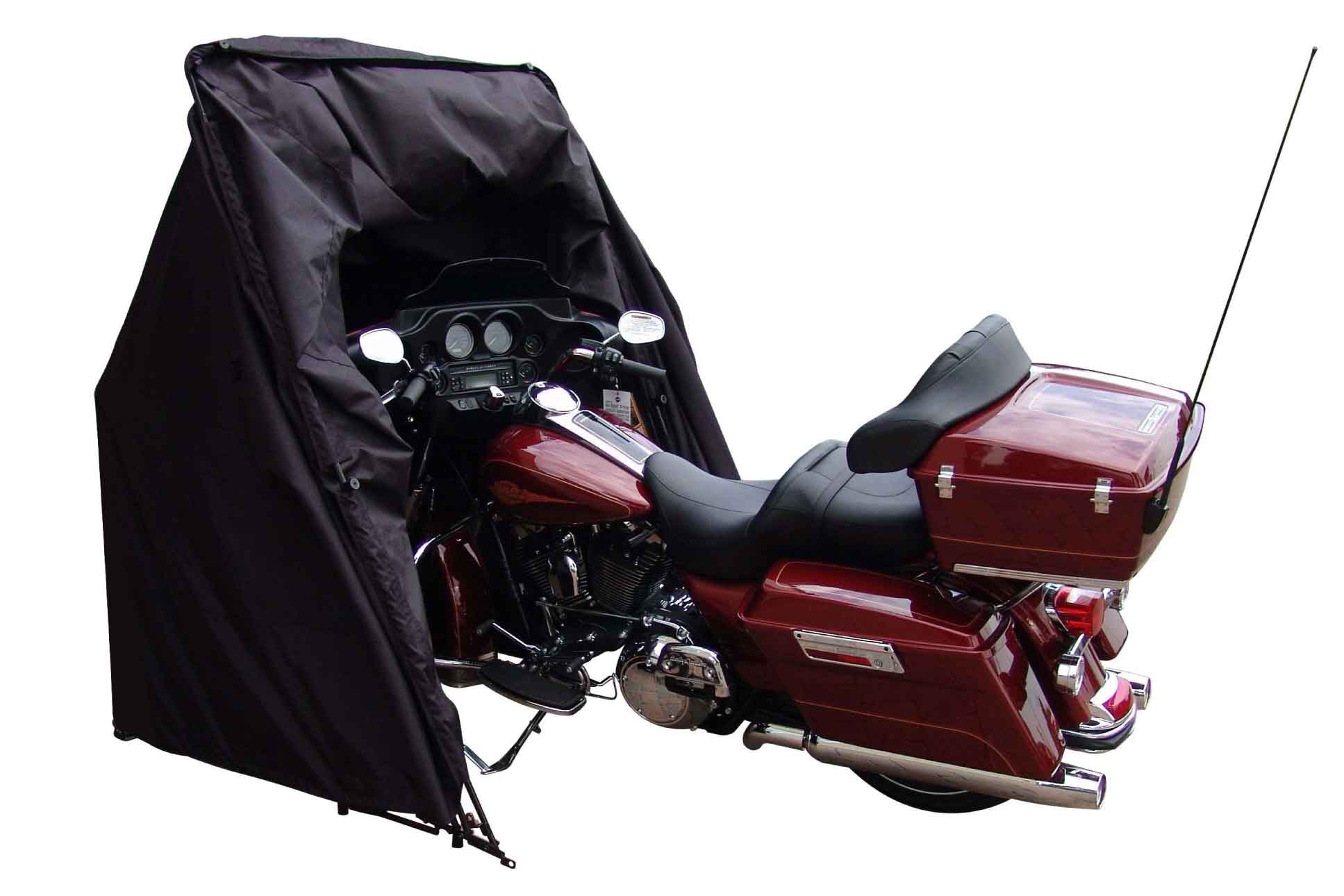Cruiser motorcycle inside pro shelter garage