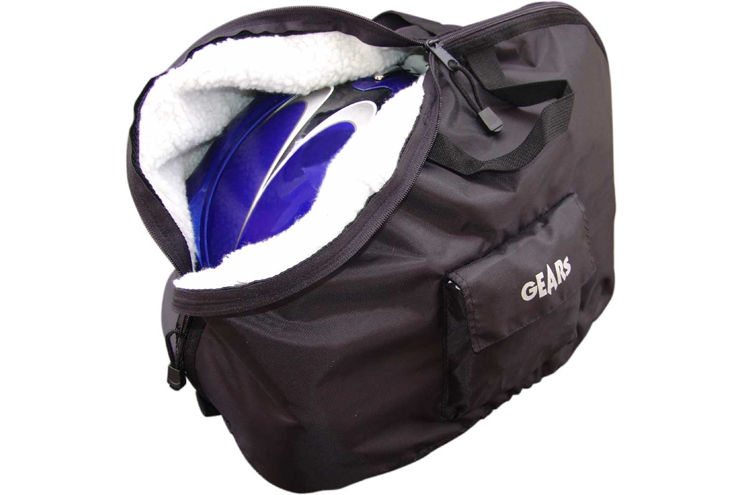 Helmet inside fur-lined black helmet bag