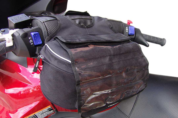 Black open bag on handlebar