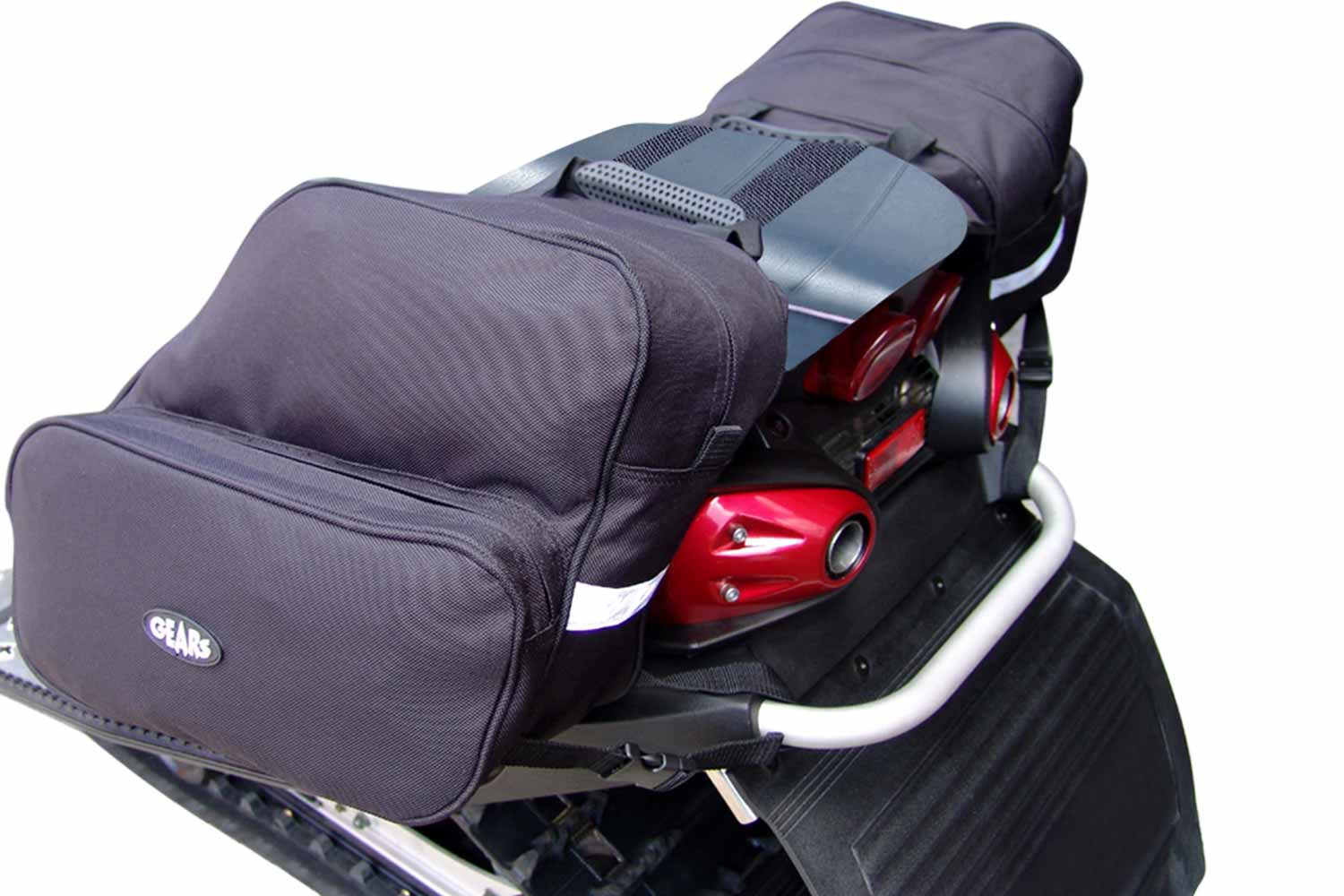 Black saddlebag on snowmobile
