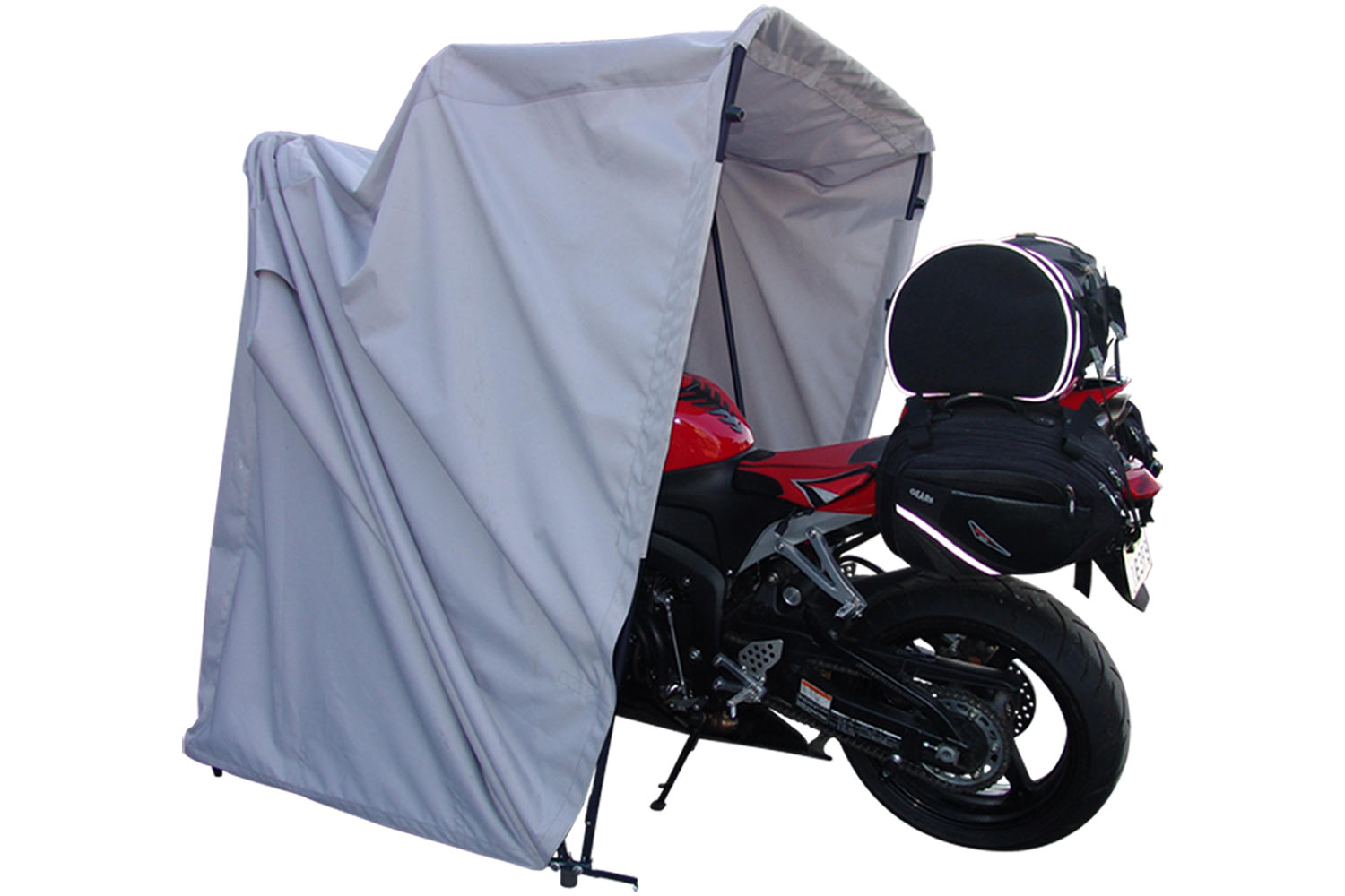 Red motorcycle inside pro shelter garage