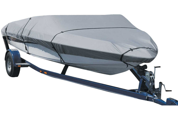 Grey boat cover on a trailer