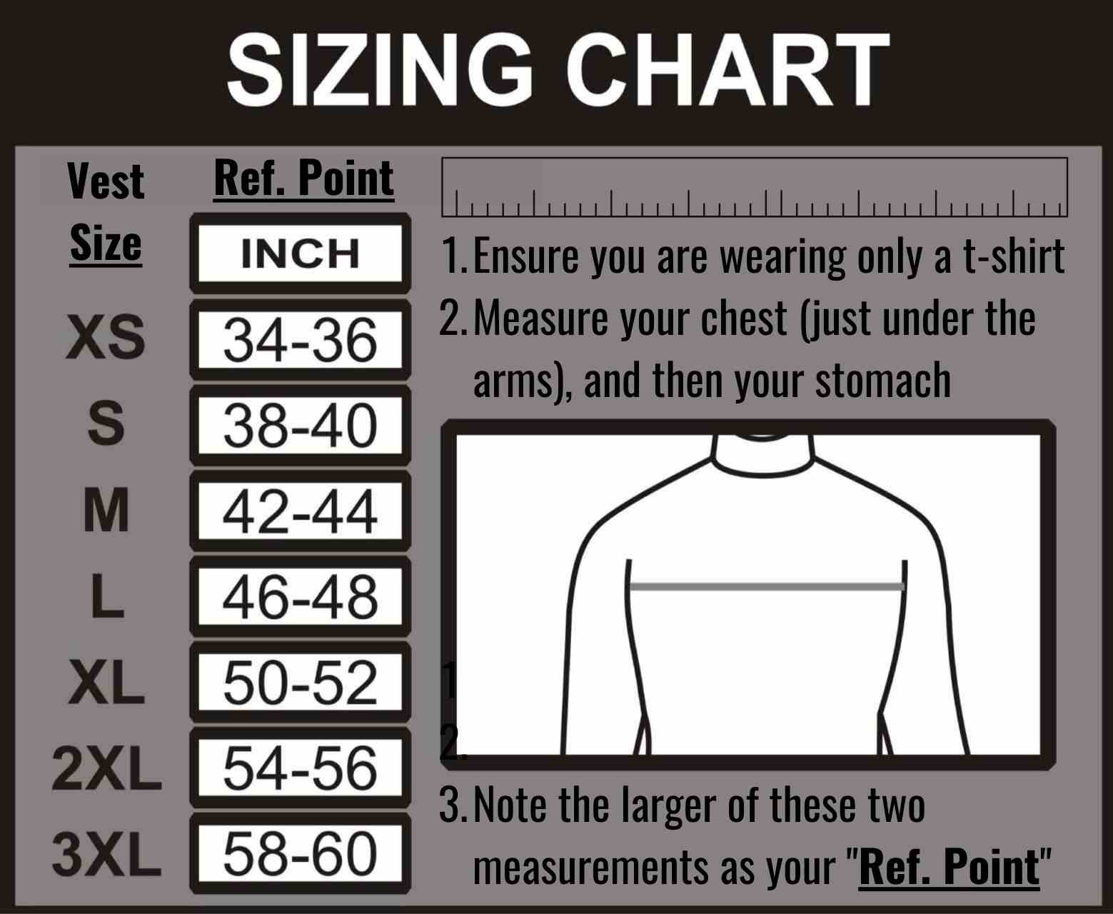 Heated Vest liner sizing chart