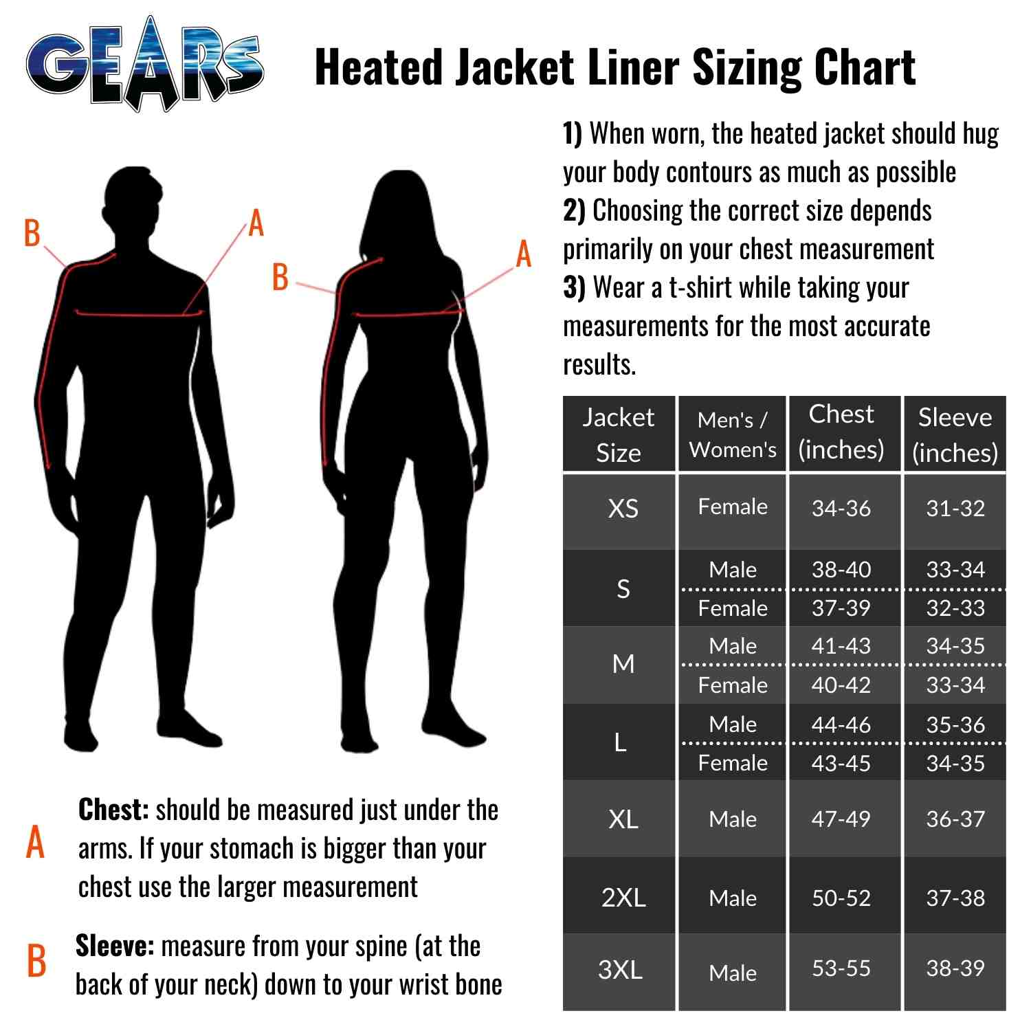 Sizing chart of heated jacket liner