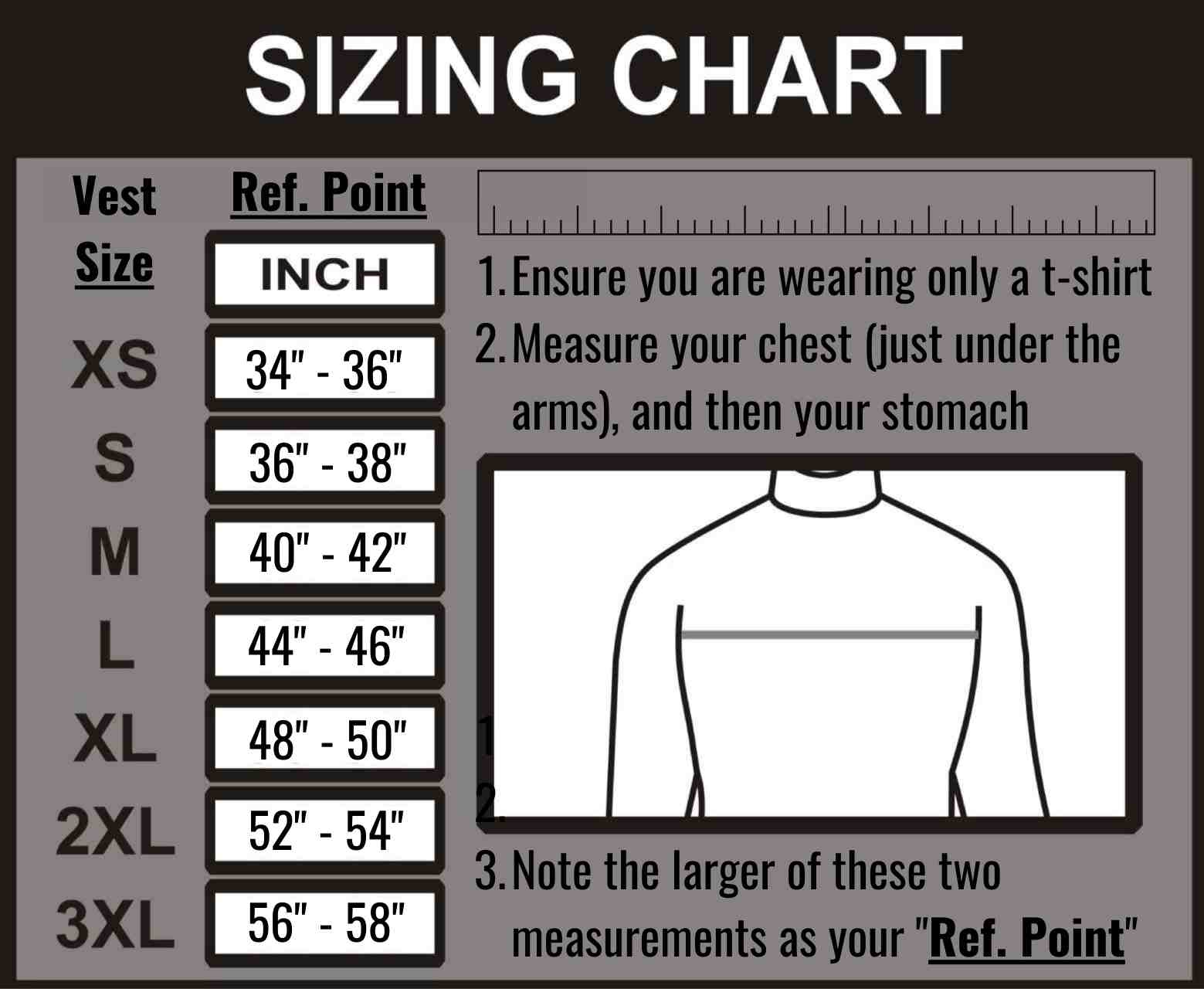 Chart with sizes for heated vest liner