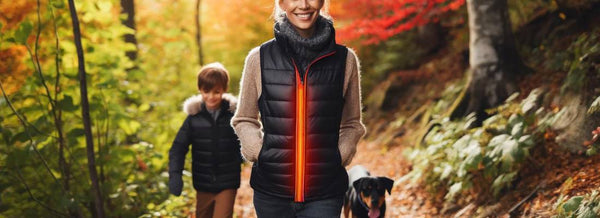 woman walking on trail in the fall with her son and dog wearing a heated vest