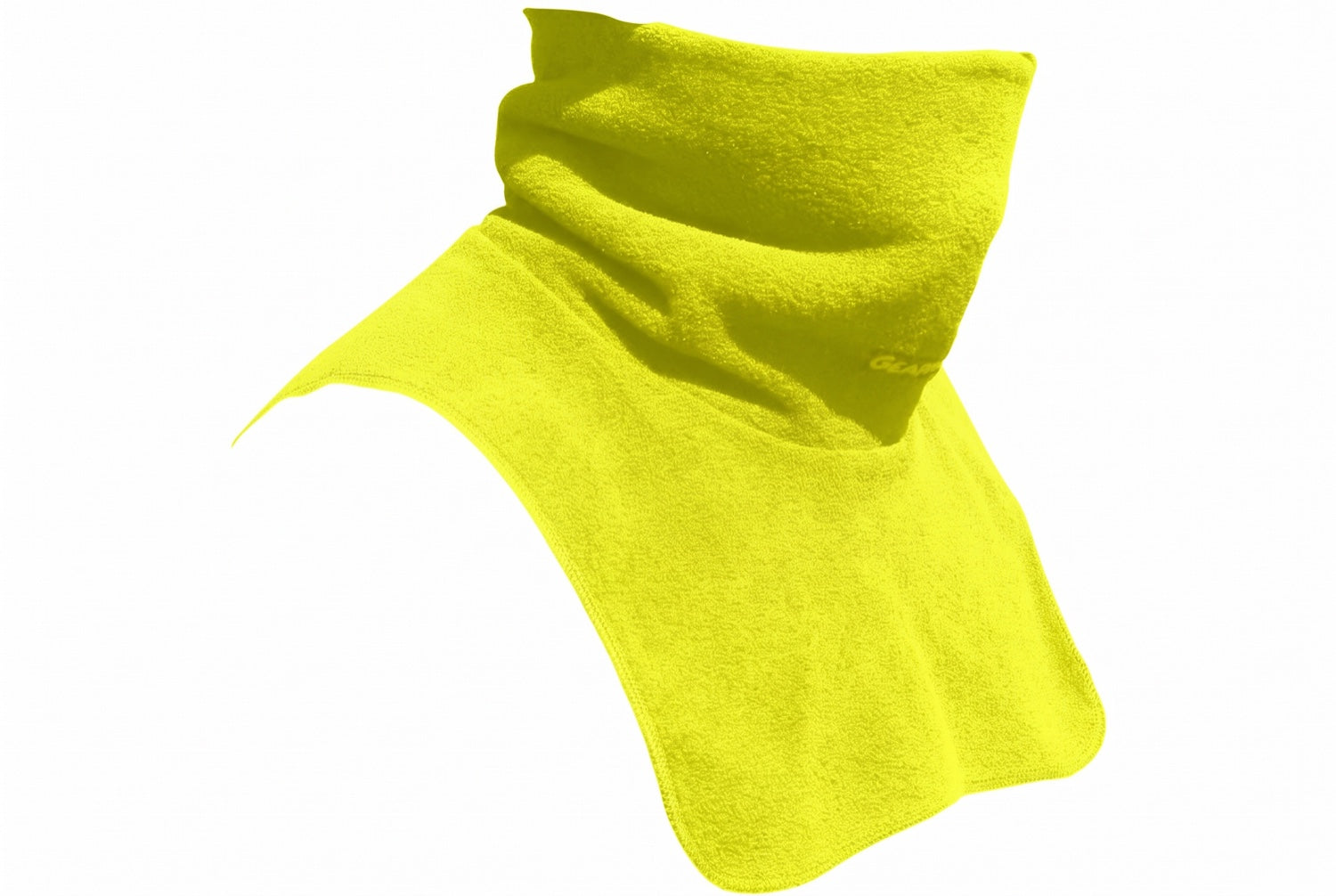 Yellow fleece neck dickey with a tall tubular collar and shoulder bib on a white background.