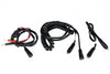 Three black electric shield power cord assemblies with coiled cable, connectors and ring terminals on white.