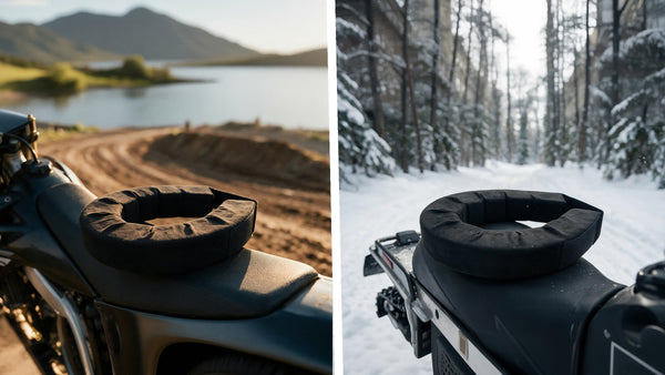 GEARS neck collar on a dirt bike seat by a lake and on a snowmobile seat in a snowy forest, split image