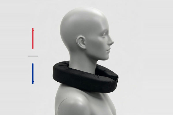 GEARS neck collar on a mannequin with arrows showing the adult to youth size range