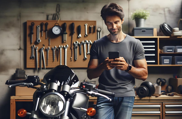Man checking email on phone standing next to motorcycle in his garage