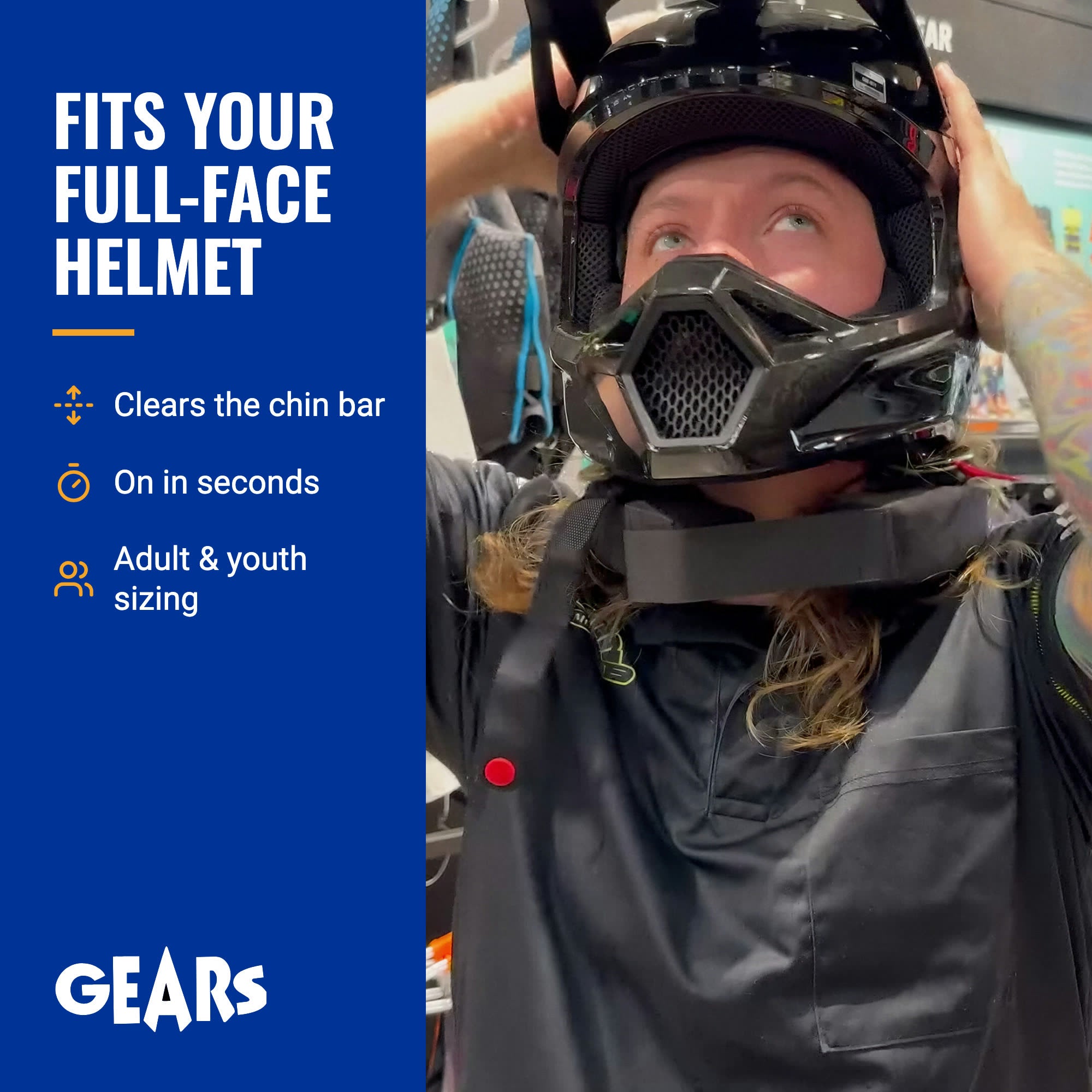 Full-face motocross helmet resting over the GEARS soft foam neck collar