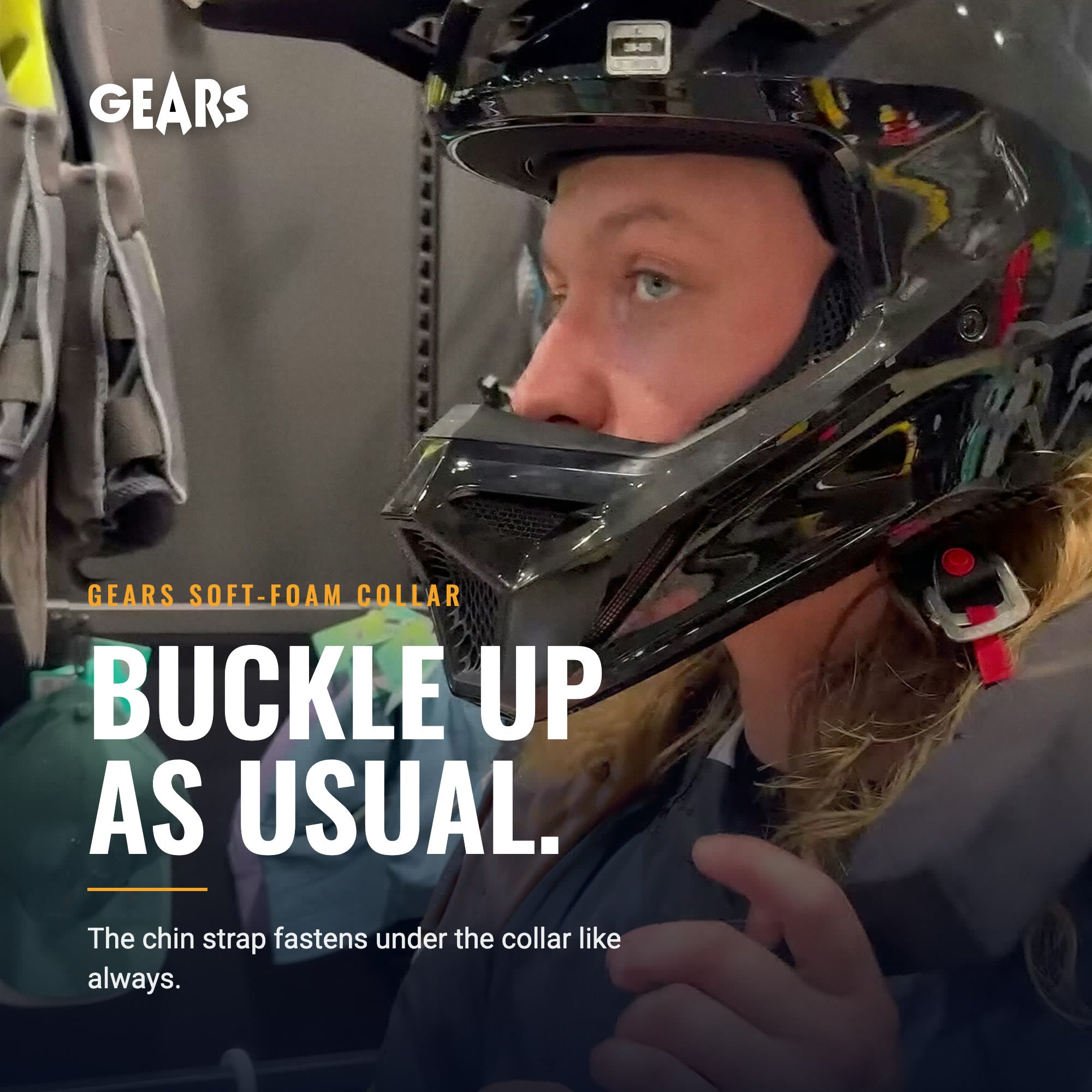 Close-up of the adjustable hook and loop strap on the GEARS neck collar