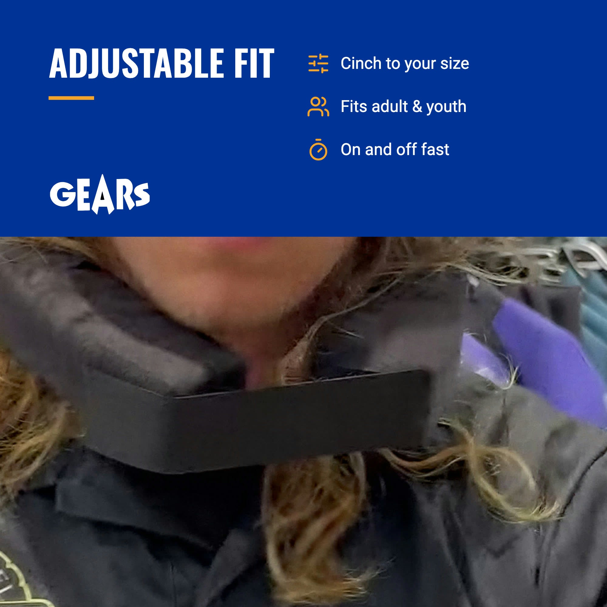 Hook and loop closure cinched to size on the GEARS neck collar