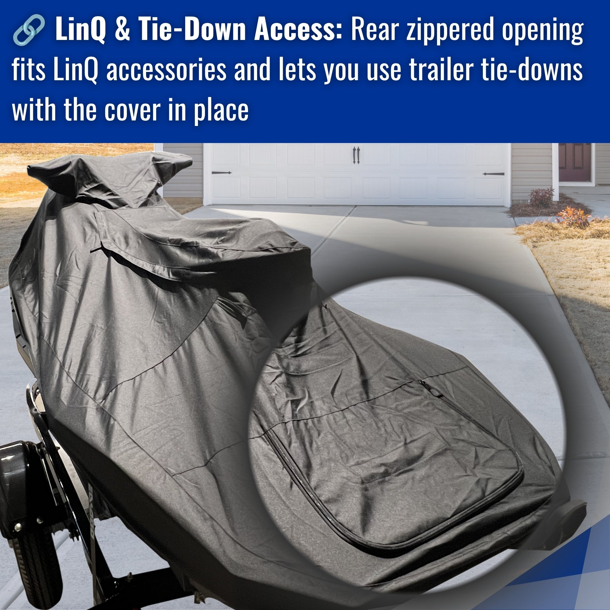 Rear zippered section for LinQ accessories and trailer tie-downs