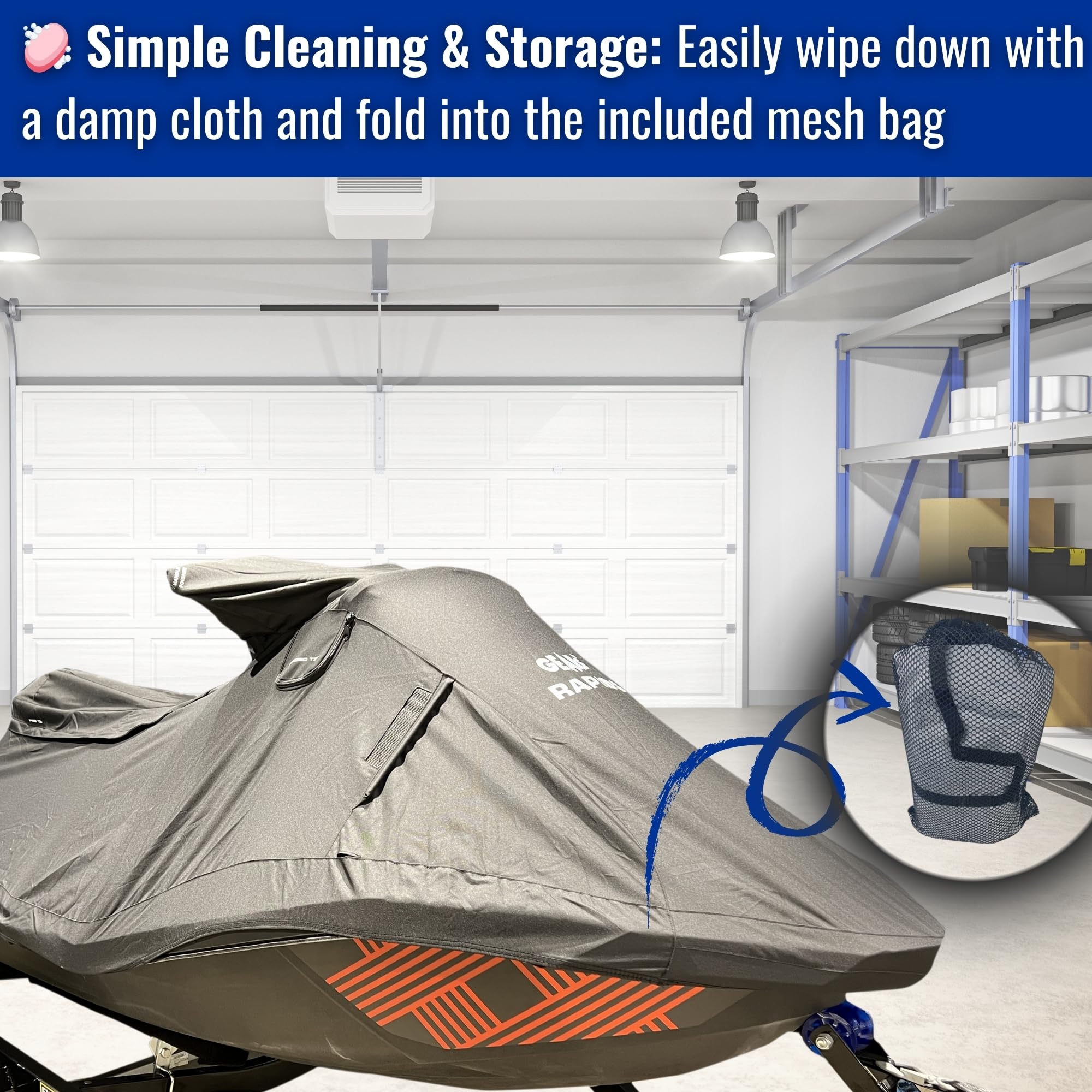 Wipe clean and fold into the included mesh bag