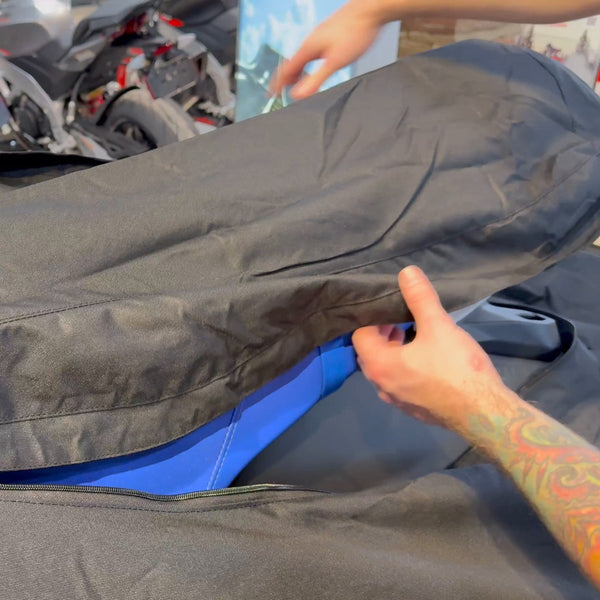 GEARS Sea-Doo Spark cover: seat zipper open, lift the seat to reach the gas cap and under-seat storage