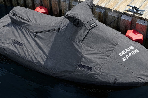 GEARS Sea-Doo Spark cover on a Spark moored at a wooden dock