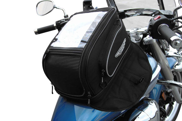 magnetic motorcycle tank bag on blue cruiser