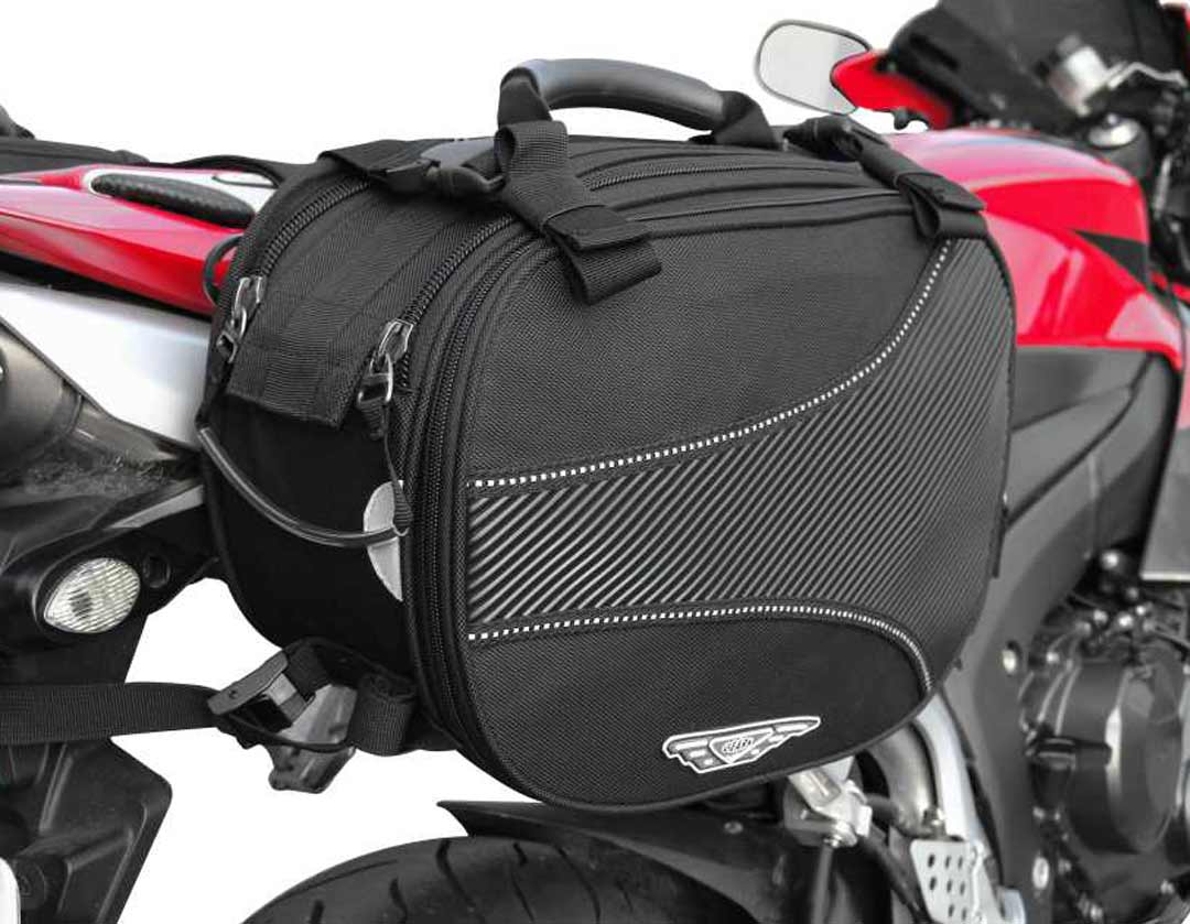Black saddlebag on motorcycle side
