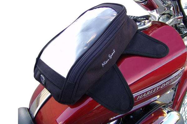 Mini sport black motorcycle tank bag on Harley Davidson motorcycle 