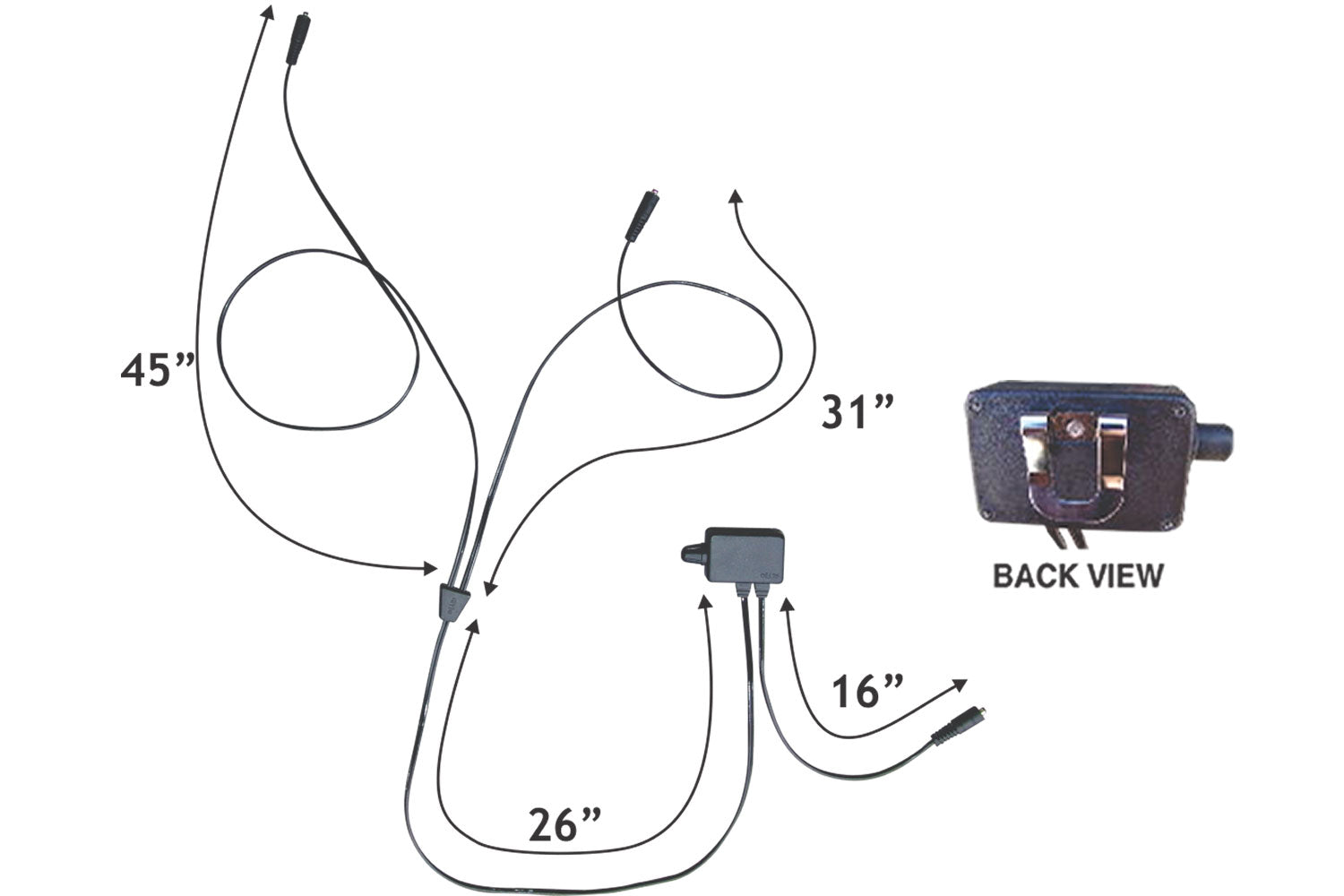 Black cords from a temperature controller with length and controller back view