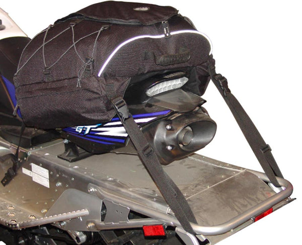 Tail bag strapped onto snowmobile 
