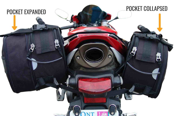 Views of black saddlebag with expanded and collapsed pockets