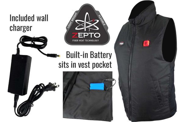 Black heated vest liner with charger and battery